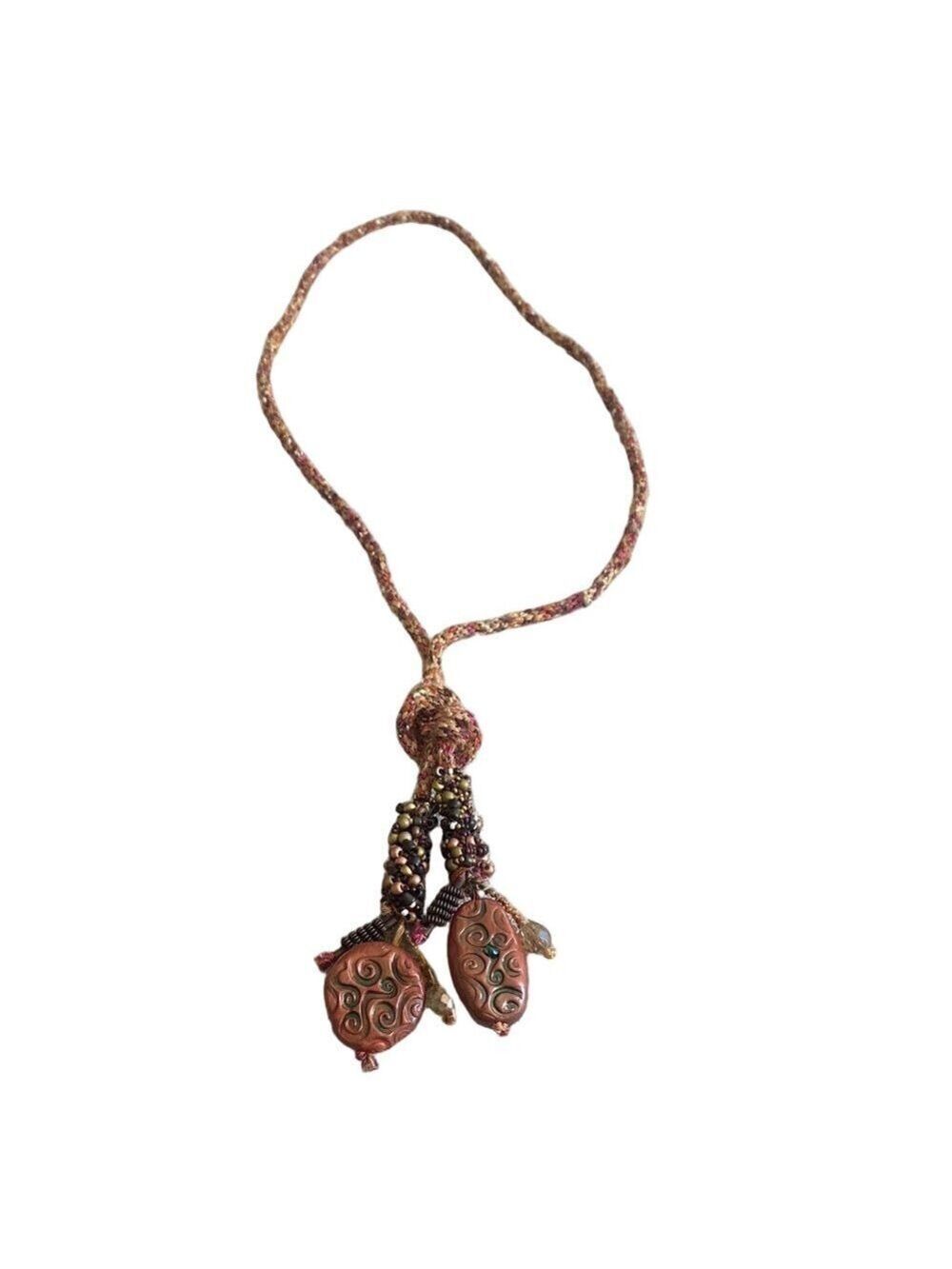 Handcrafted Lariat Necklace Beaded Polymer Clay Warm Earthy Tones 52”